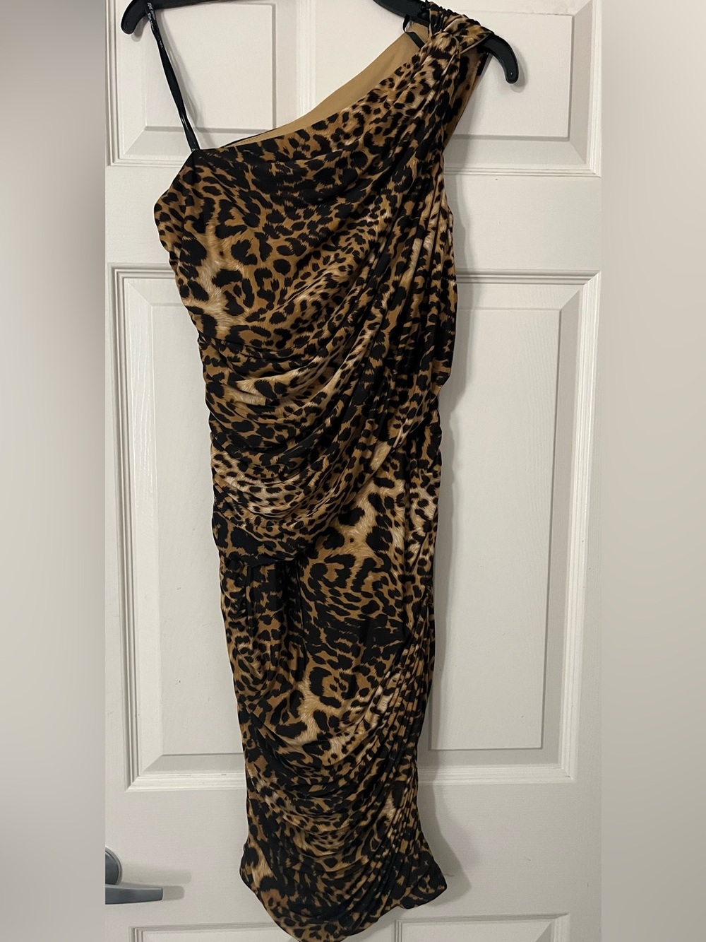 Tadashi Shoji One Shoulder Leopard Print Ruched Black Brown Midi Dress Sz Small - Picture 5 of 8
